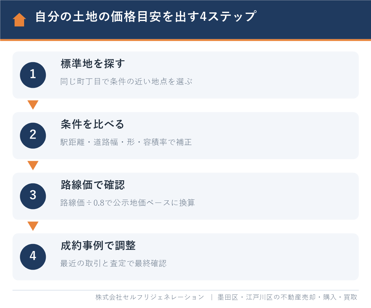 小岩で自分の土地の価格目安を出す4ステップ(標準地・条件補正・路線価・成約事例)