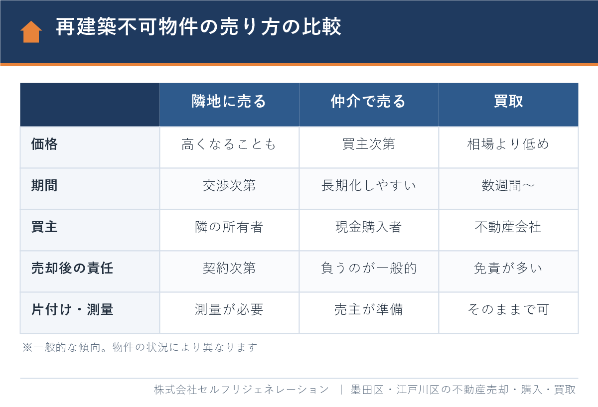 再建築不可物件の売り方の比較(隣地への売却・仲介・買取)