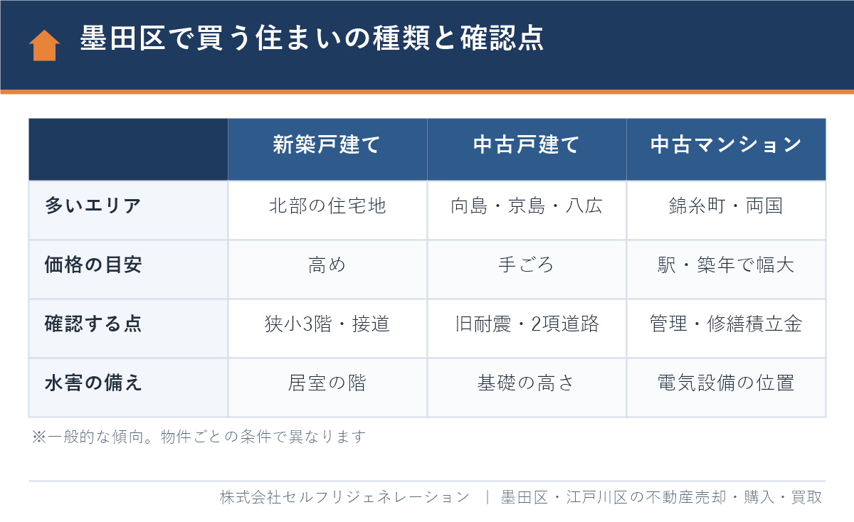 墨田区で買う住まいの種類（新築戸建て・中古戸建て・中古マンション）と確認点の比較表