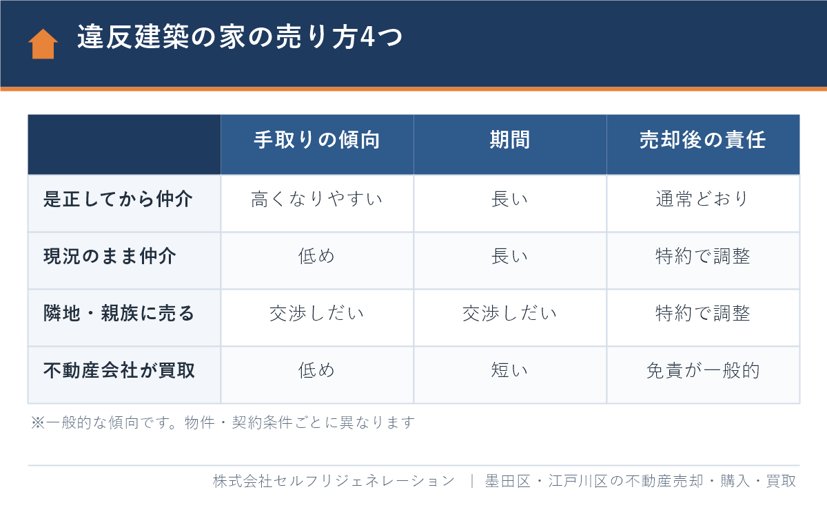 違反建築の家の売り方4つの手取り・期間・売却後の責任の比較