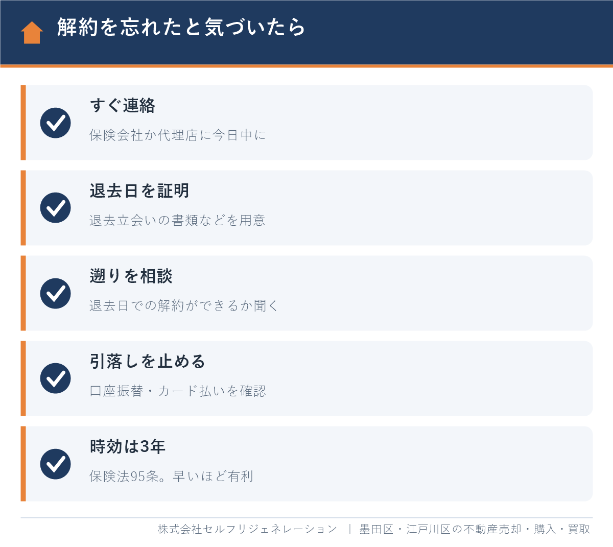 火災保険の解約を忘れたと気づいたときにやる5つのこと（連絡、退去日の証明、さかのぼり解約の相談、引落しの停止、時効3年）