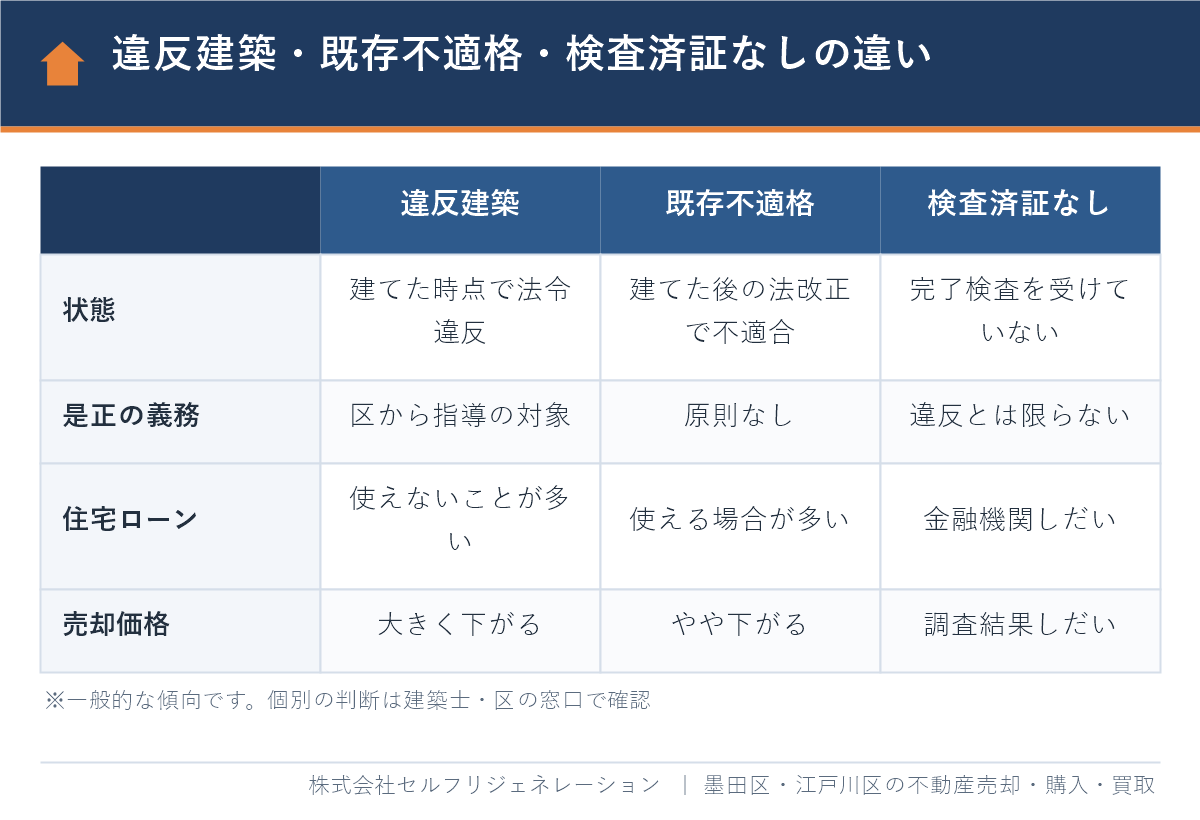 違反建築・既存不適格・検査済証なしの違いの比較表