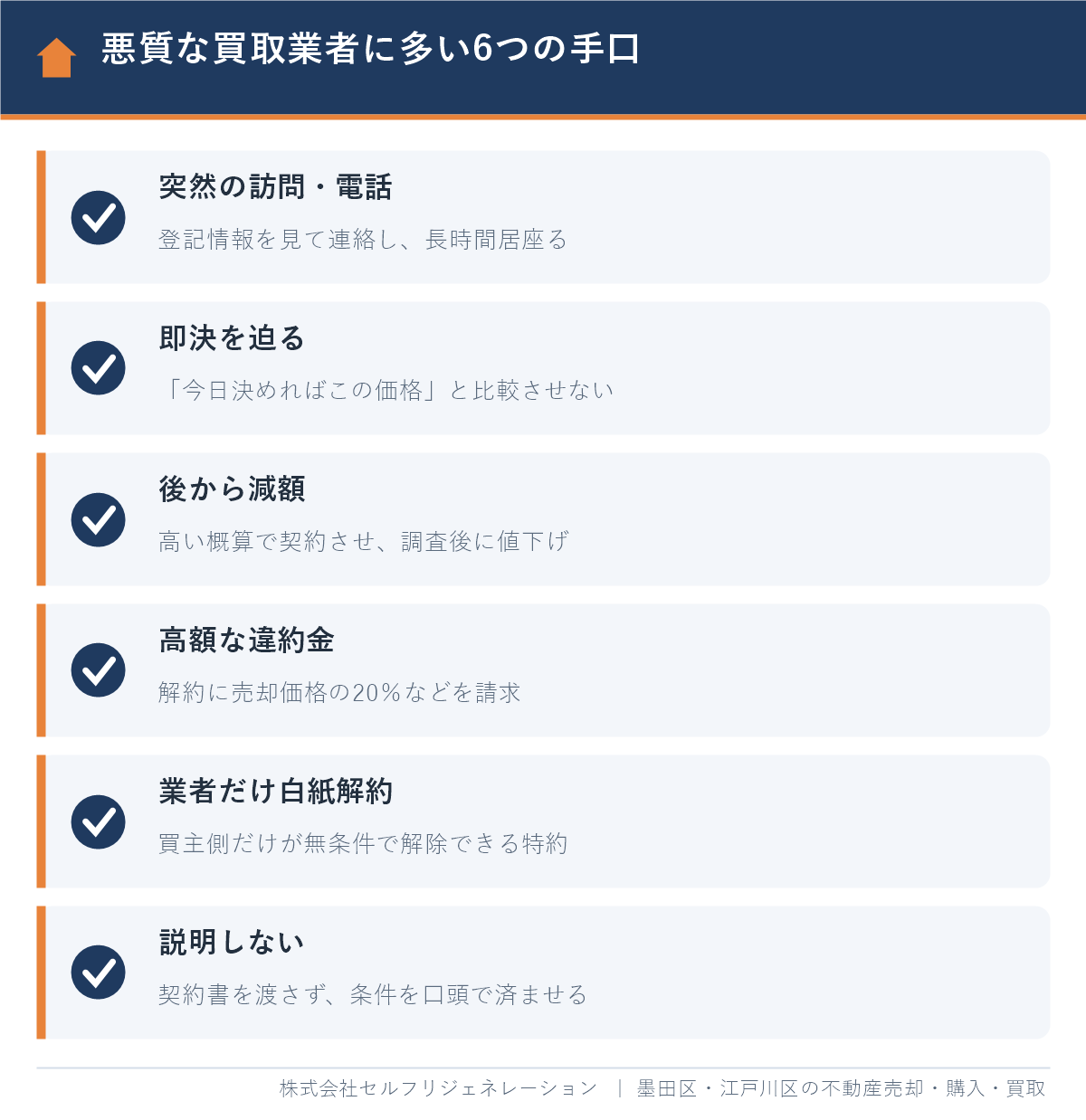 悪質な不動産買取業者に多い6つの手口（突然の訪問・即決・後から減額・高額な違約金・白紙解約特約・説明しない）